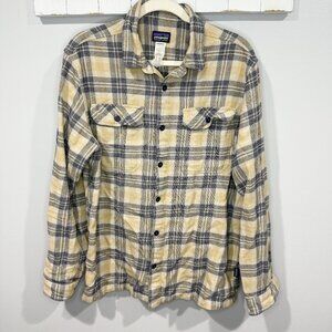 Patagonia Men’s Fjord Flannel Shirt Yellow Gray Plaid Organic Cotton Long Sleeve